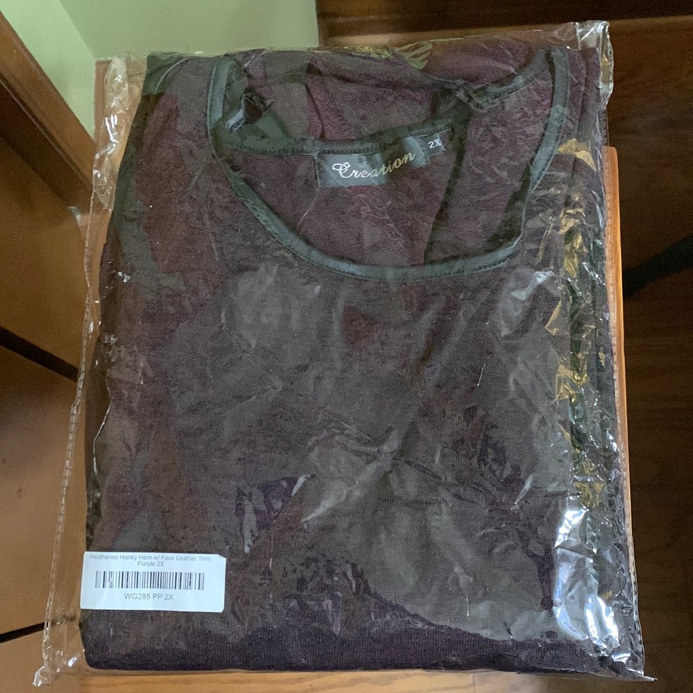 🆕 CREATION- HEATHERED HANKY HEM W/FAUX LEATHER TRIM PURPLE 2X SHIRT